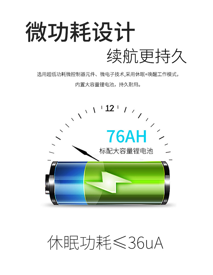 采用微功耗設計，選用超低功耗微控制器元件、微電子技術,采用休眠+喚醒工作模式；內(nèi)置大容量鋰電池78AH，持久耐用。