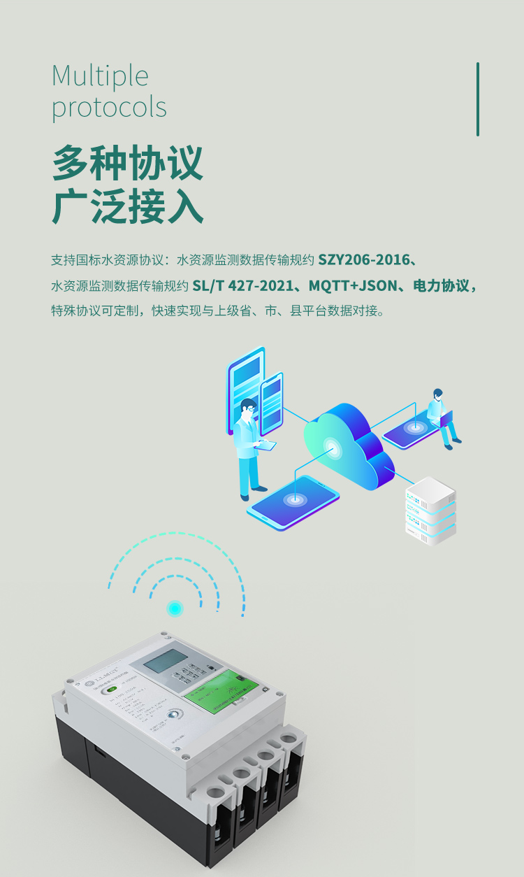 多種協(xié)議 廣泛接入，一體式以電折水智能終端支持國標(biāo)水資源協(xié)議：水資源監(jiān)測(cè)數(shù)據(jù)傳輸規(guī)約 SZY206-2016、水資源監(jiān)測(cè)數(shù)據(jù)傳輸規(guī)約 SL/T 427-2021、MQTT+JSON、電力協(xié)議，特殊協(xié)議可定制，快速實(shí)現(xiàn)與上級(jí)省、市、縣平臺(tái)數(shù)據(jù)對(duì)接。