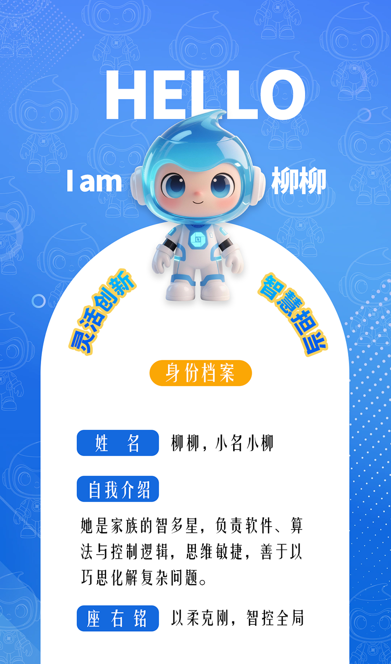 柳柳：靈活創(chuàng)新 · 智慧擔(dān)當(dāng)	 她是家族的智多星，負(fù)責(zé)軟件、算法與控制邏輯，思維敏捷，善于以巧思化解復(fù)雜問題。 座右銘：以柔克剛，智控全局。