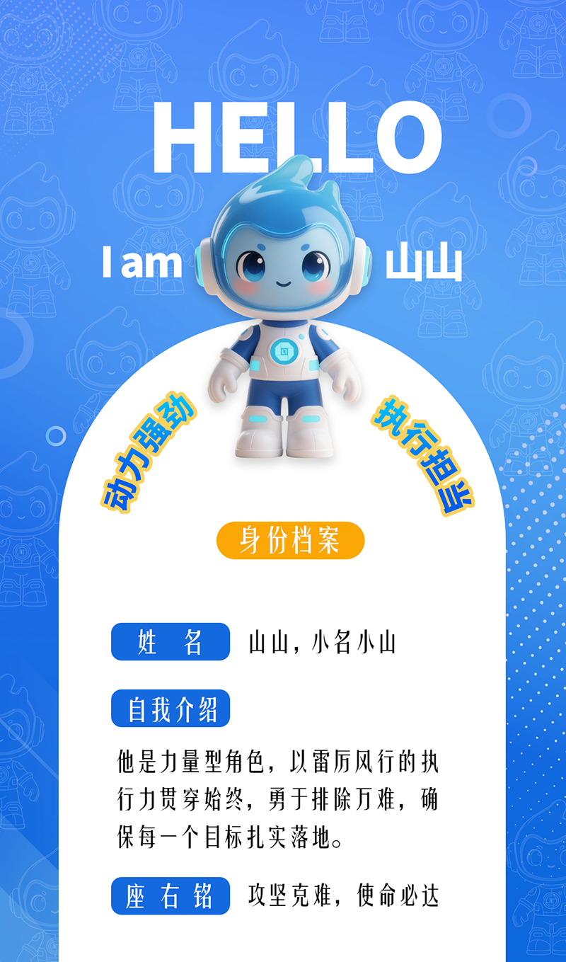 山山——動力強(qiáng)勁 · 執(zhí)行擔(dān)當(dāng)	 他是力量型角色，以雷厲風(fēng)行的執(zhí)行力貫穿始終，勇于排除萬難，確保每一個(gè)目標(biāo)扎實(shí)落地。 座右銘：攻堅(jiān)克難，使命必達(dá)