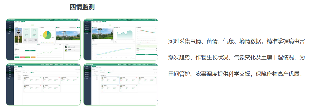 四情監測：實時采集蟲情、苗情、氣象、墑情數據，精準掌握病蟲害爆發趨勢、作物生長狀況、氣象變化及土壤干濕情況，為田間管護、農事調度提供科學支撐，保障作物高產優質。